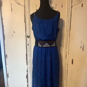 Beautiful long blue lace dress with under slip sheer lace bottom